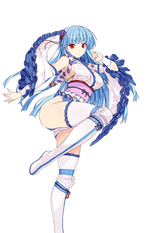 1girl armpits ass bangs bare_shoulders blue_hair blunt_bangs boots breasts detached_sleeves flower frilled_sleeves frills hair_flower hair_ornament hairband himukai_kyousuke japanese_clothes large_breasts leg_lift long_hair looking_at_viewer obi official_art red_eyes ring_dream sash smile solo wrestling_outfit yuki_onna_(ring_dream)