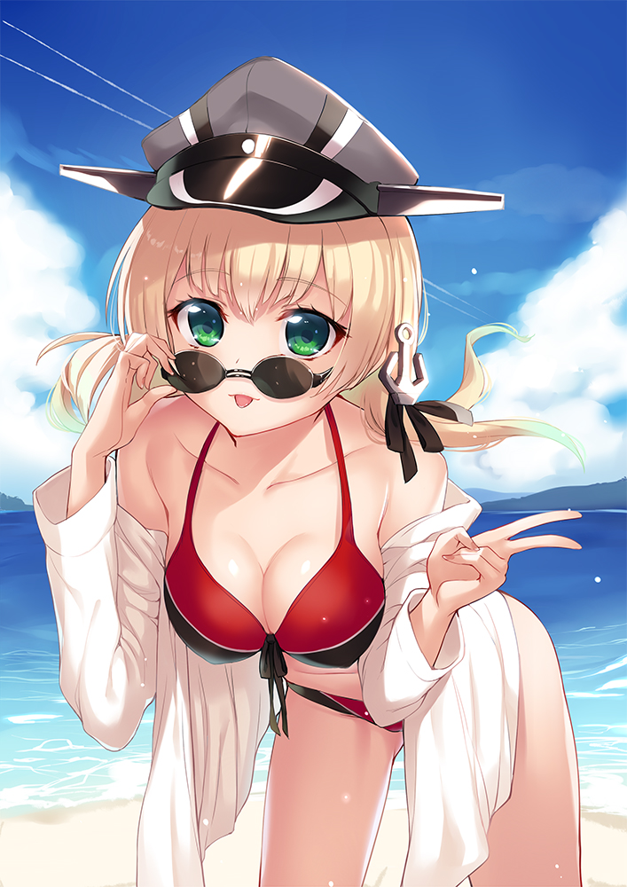 1girl beach bikini blonde_hair breasts clouds cloudy_sky collarbone day green_eyes hat kantai_collection long_hair long_sleeves low_twintails medium_breasts ocean peaked_cap prinz_eugen_(kantai_collection) sky solo sunglasses swimsuit tongue tongue_out twintails v yaguo