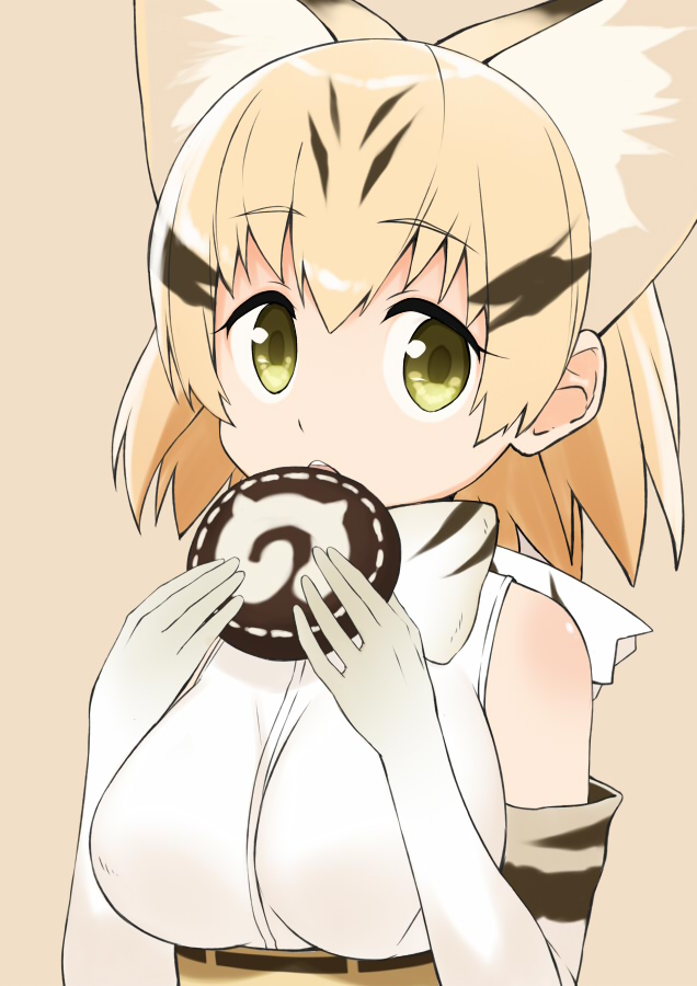 1girl animal_ears blonde_hair breasts cat_ears cccpo elbow_gloves eyebrows_visible_through_hair food gloves japari_bun kemono_friends large_breasts looking_at_viewer parted_lips sand_cat_(kemono_friends) short_hair sleeveless solo upper_body yellow_eyes