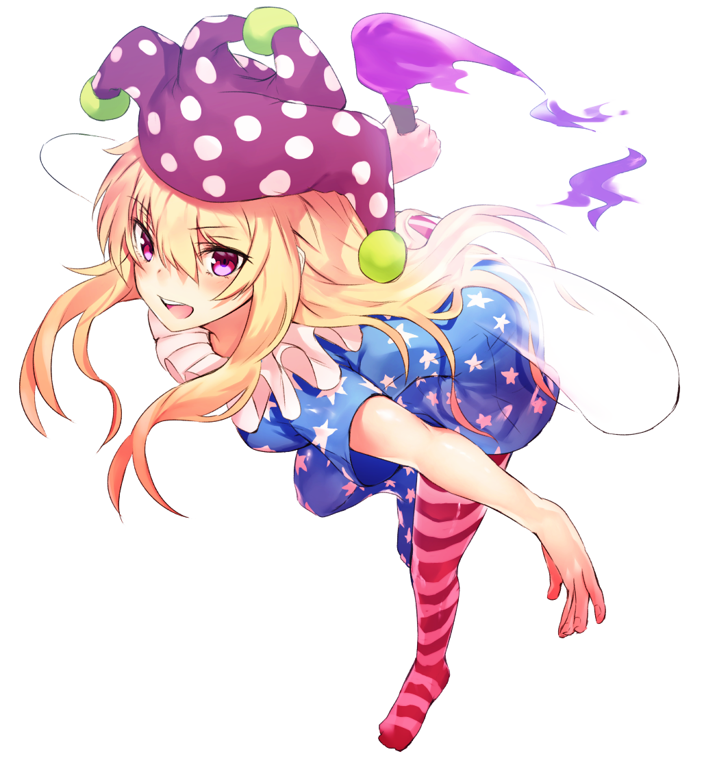 1girl american_flag_dress american_flag_legwear asuzemu blonde_hair clownpiece fire full_body hair_between_eyes hat holding jester_cap leaning_forward long_hair looking_at_viewer neck_ruff outstretched_arms pantyhose pink_eyes polka_dot short_sleeves simple_background smile solo star star_print striped torch touhou white_background