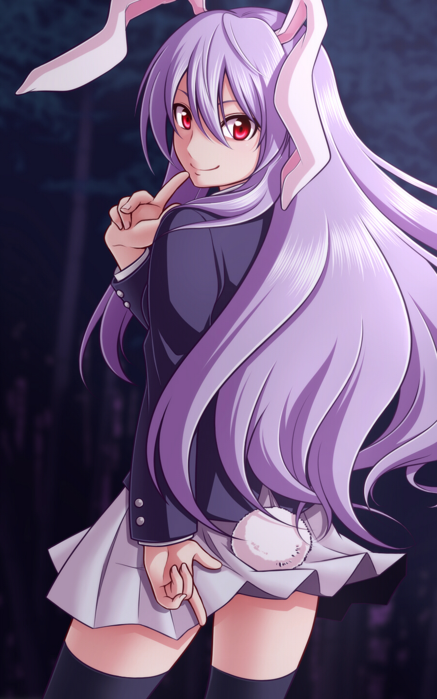 1girl animal_ears black_legwear bunny_tail commentary_request finger_to_mouth hand_to_own_mouth highres index_finger_raised long_hair long_sleeves looking_at_viewer looking_back pleated_skirt purple_hair purple_skirt rabbit_ears red_eyes reisen_udongein_inaba shushing skirt smile solo standing tail thigh-highs tottsuman touhou zettai_ryouiki