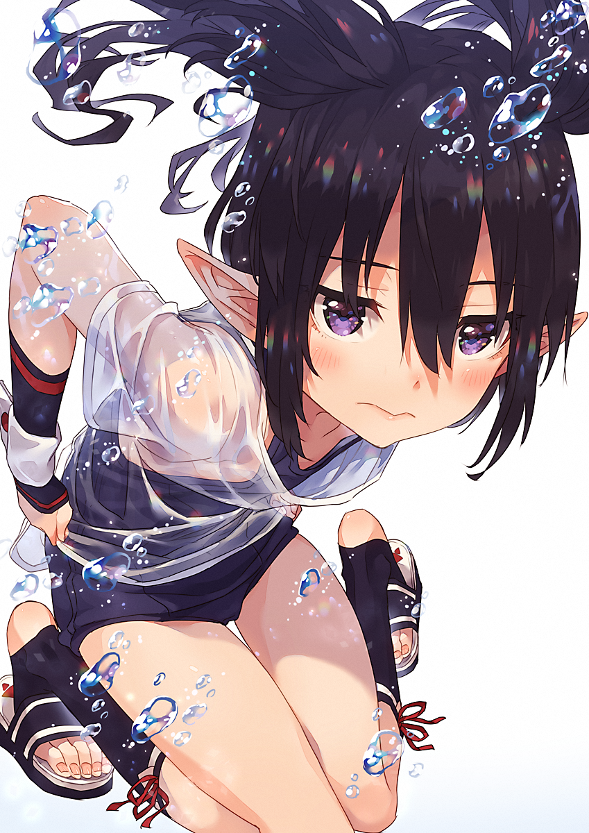 1girl air_bubble bangs black_hair black_legwear blue_swimsuit blush bubble closed_mouth commentary_request hair_between_eyes highres knees_together_feet_apart long_hair looking_at_viewer narumi_arata one-piece_swimsuit original pointy_ears sandals school_swimsuit see-through shirt simple_background socks solo swimsuit swimsuit_under_clothes toes twintails violet_eyes wet wet_clothes white_background white_shirt