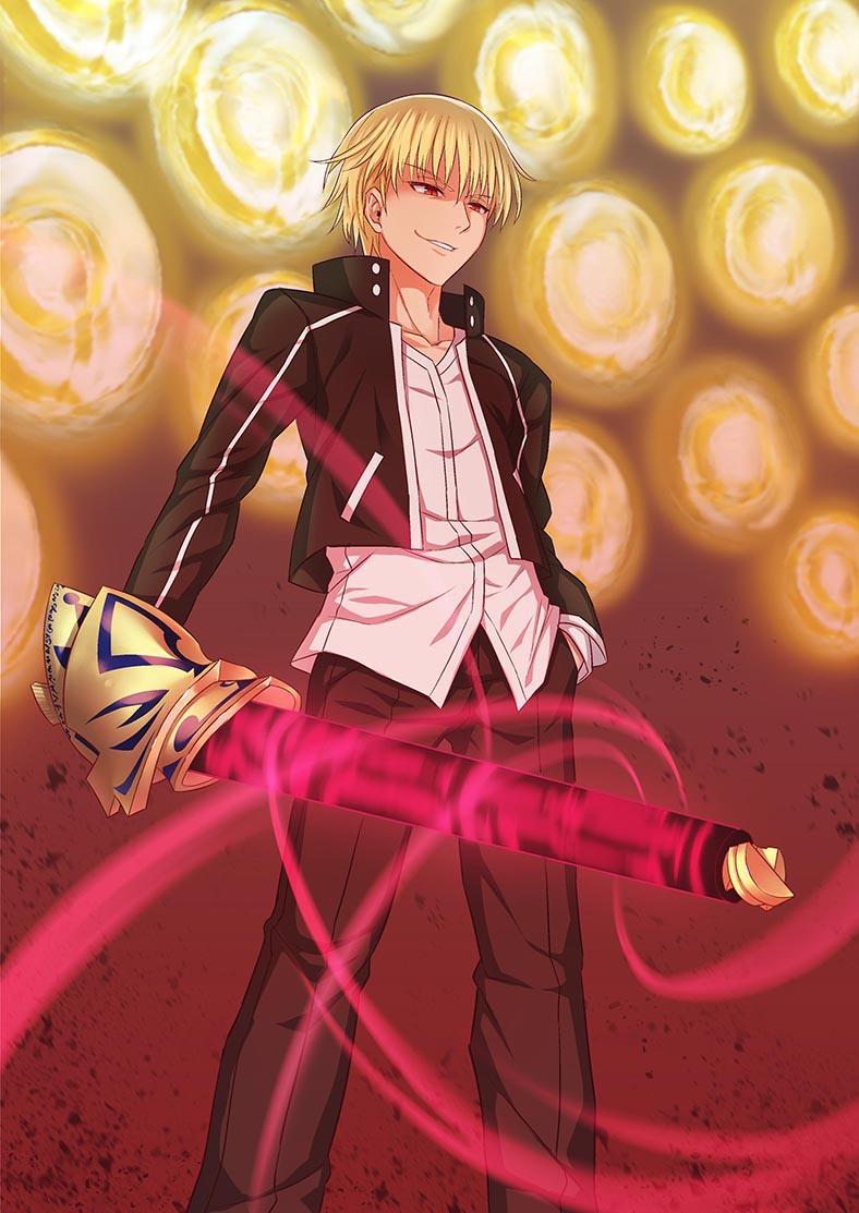 1boy black_jacket black_pants blonde_hair collarbone dress_shirt ea_(fate/stay_night) eyebrows_visible_through_hair fate/stay_night fate_(series) gate_of_babylon gilgamesh hand_in_pocket holding holding_weapon jacket open_clothes open_jacket pants parted_lips red_eyes shirt smile solo standing weapon white_shirt zhen_lu