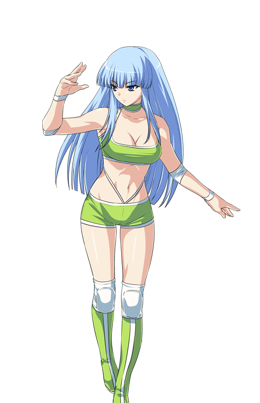 1girl bangs bare_shoulders blue_eyes blue_hair blunt_bangs boots breasts choker cleavage collarbone long_hair looking_to_the_side midriff nakatsui_tamaki navel official_art okumura_aki ring_dream serious shorts solo wrestling_outfit