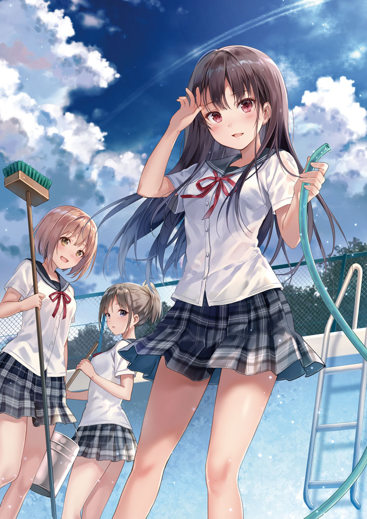 3girls :o bangs black_hair black_sailor_collar blouse blue_eyes blush broom bucket buttons chain-link_fence cleaning clouds commentary_request condensation_trail day empty_pool eyebrows_visible_through_hair fence fukahire_sanba holding holding_broom holding_bucket holding_hose hose light_brown_eyes light_brown_hair long_hair looking_at_viewer looking_down multiple_girls neckerchief open_mouth original outdoors pink_eyes plaid pleated_skirt pool pool_ladder red_neckerchief sailor_collar school_uniform shiny shiny_hair short_hair short_ponytail skirt smile standing sunlight tree water white_blouse