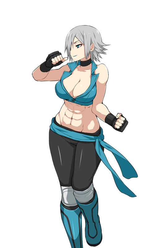 1girl abs bare_shoulders blue_eyes blue_lipstick boots breasts choker cleavage clenched_hands collarbone fingerless_gloves freezer_katakura gloves grey_hair hair_over_one_eye large_breasts light_smile lipstick looking_to_the_side makeup muscle muscular_female navel official_art ring_dream short_hair solo wrestling_outfit yorumura_shiro