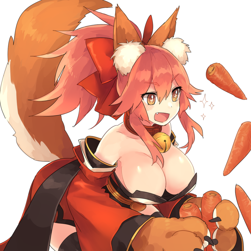 1girl animal_ears bell bell_collar blush bow breasts brown_eyes carrot cleavage collar collarbone eyebrows_visible_through_hair fate/grand_order fate_(series) food fox_ears fox_tail guwatefu hair_bow large_breasts looking_away open_mouth pink_hair red_bow short_hair short_ponytail smile solo sparkle tail tamamo_(fate)_(all) tamamo_cat_(fate)