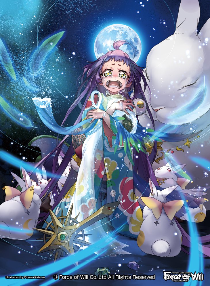 1girl ahoge artist_name bow closed_eyes copyright_name crying feathers force_of_will fukuzou fur_trim green_eyes moon night night_sky official_art open_mouth purple_hair rabbit sitting sky solo star_(sky) tears teeth