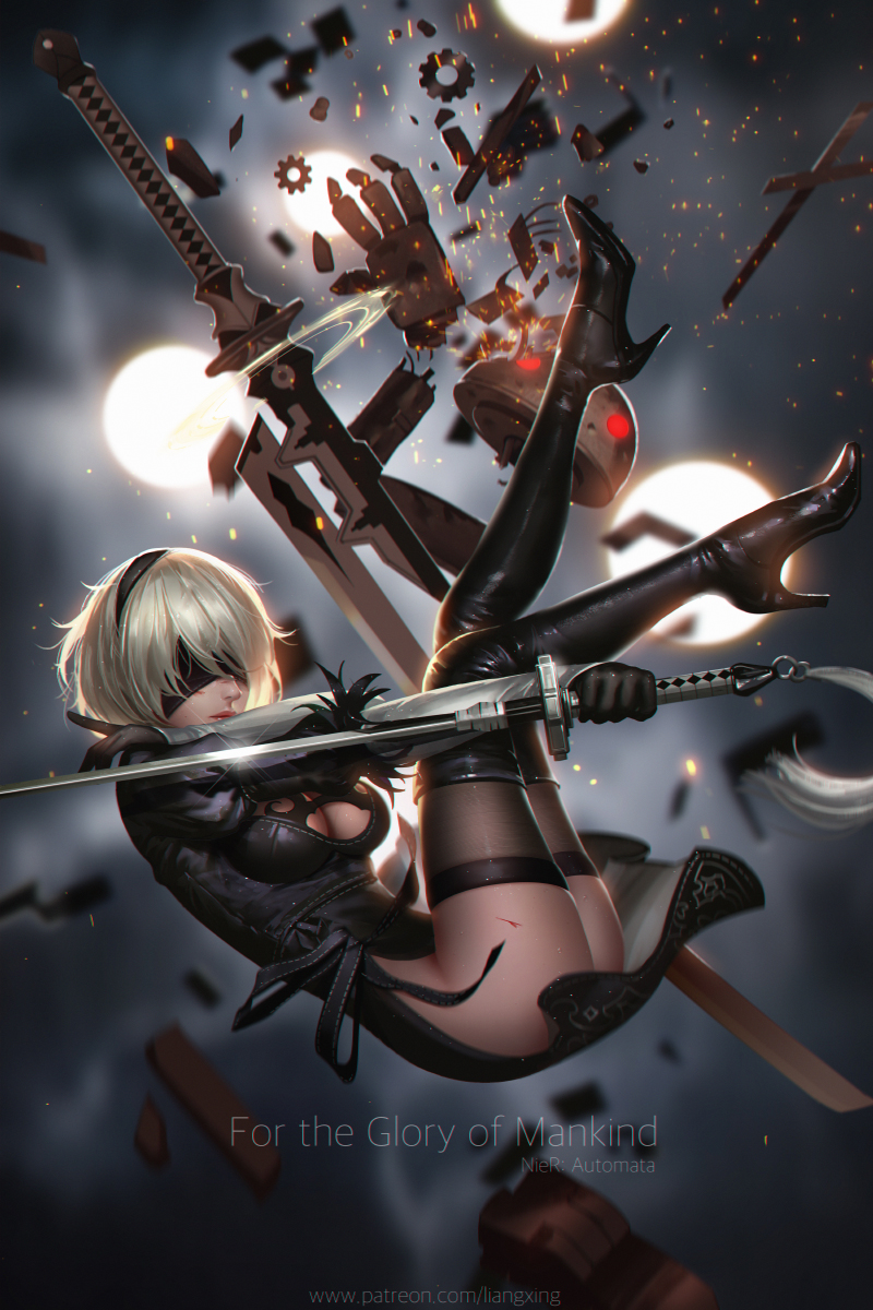 1girl ass black_dress black_gloves black_legwear blindfold blood blurry blurry_background boots breasts cleavage commentary dress floating full_body glint gloves high_heel_boots high_heels highres injury liang_xing medium_breasts nier_(series) nier_automata short_hair silver_hair solo sword thigh-highs thigh_boots thighhighs_under_boots thighs watermark weapon web_address yorha_no._2_type_b