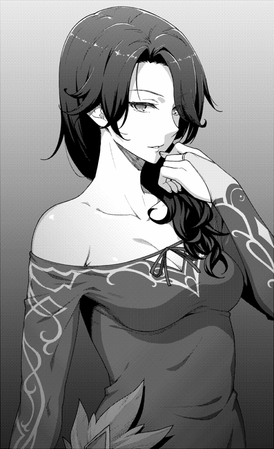 1girl :d bare_shoulders black_hair breasts cinder_fall cleavage collarbone dress finger_to_mouth greyscale half-closed_eyes hiroya_juuren long_hair long_sleeves looking_at_viewer medium_breasts monochrome off-shoulder_dress off_shoulder open_mouth parted_lips rwby smile
