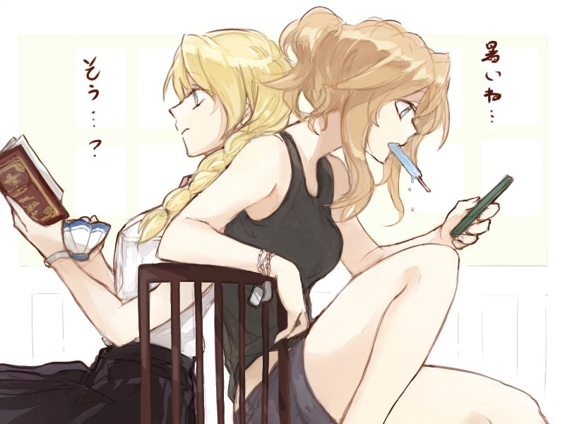 10s 2girls alternate_costume alternate_hairstyle black_tank_top blonde_hair book cellphone cup darjeeling denim denim_shorts dog_tags food girls_und_panzer kay_(girls_und_panzer) midriff multiple_girls phone popsicle shorts sketch smartphone tank_top teacup translation_request white_background yuuyu_(777)