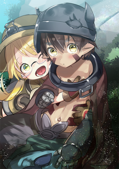 1boy 1girl ;d blonde_hair blush brown_gloves brown_hair bucket_hat cape closed_mouth eyebrows_visible_through_hair glasses gloves green_eyes hair_between_eyes hand_on_another's_chest hat helmet hug long_hair looking_at_viewer low_twintails made_in_abyss mechanical_arms navel ogino_atsuki one_eye_closed open_mouth pointy_ears regu_(made_in_abyss) riko_(made_in_abyss) smile thick_eyebrows twintails yellow_eyes