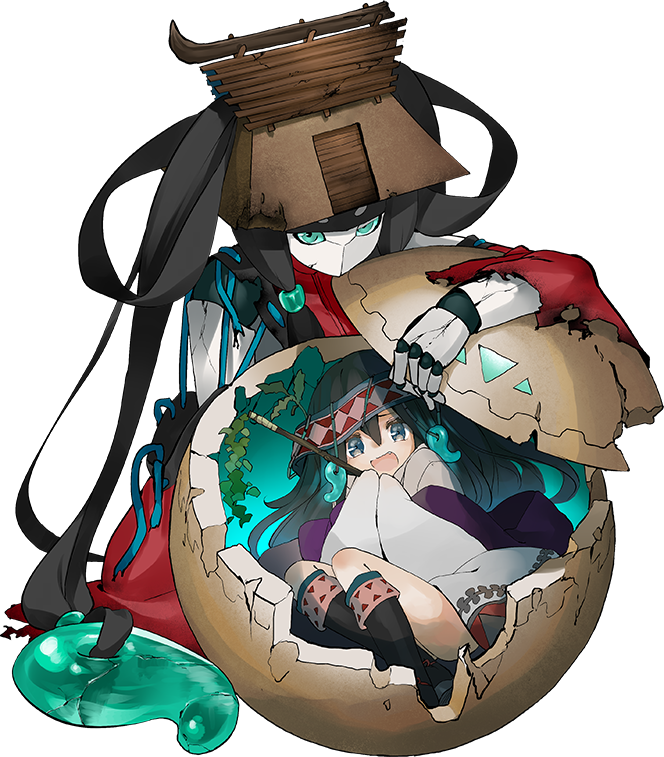 1girl artist_request ball black_hair full_body green_eyes holding holding_shield in_ball japanese_clothes magatama miko oshiro_project oshiro_project_re shield sidelocks torn_clothes transparent_background yoshinogari_(oshiro_project)