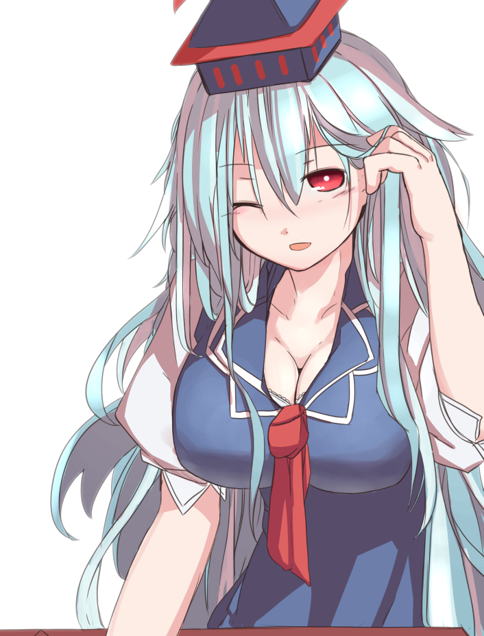 1girl ;) blue_dress blue_hair blush breasts cleavage comic dress furorina hair_tucking hat kamishirasawa_keine large_breasts looking_at_viewer multicolored_hair one_eye_closed parted_lips puffy_short_sleeves puffy_sleeves red_eyes short_sleeves silver_hair smile solo touhou two-tone_hair upper_body