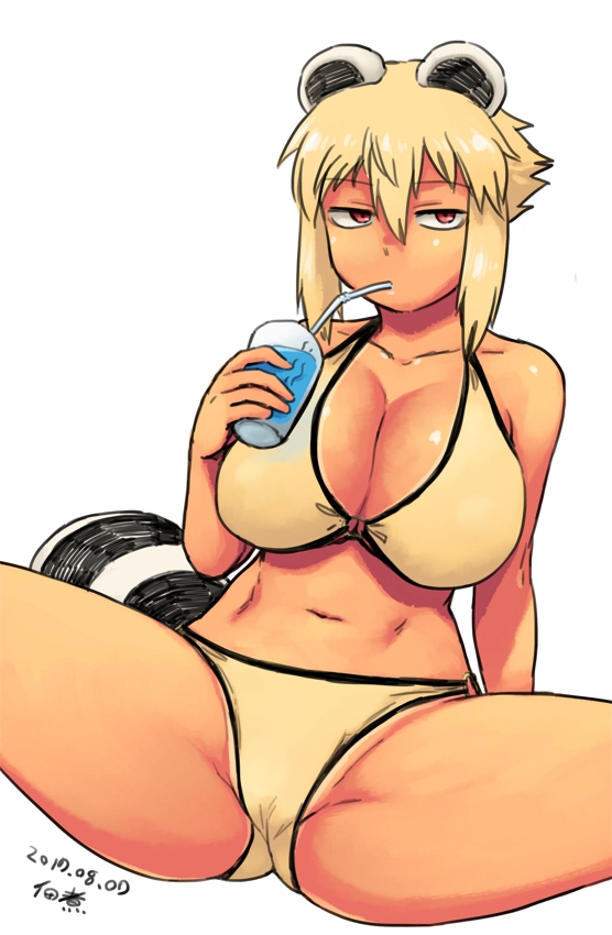1girl animal_ears araiguma-san bare_shoulders bikini blonde_hair breasts cleavage collarbone cup dated drinking_glass drinking_straw large_breasts looking_at_viewer navel original raccoon_ears raccoon_tail red_eyes short_hair simple_background solo spread_legs swimsuit tail tan thick_thighs thighs tsukudani_(coke-buta) white_background yellow_bikini