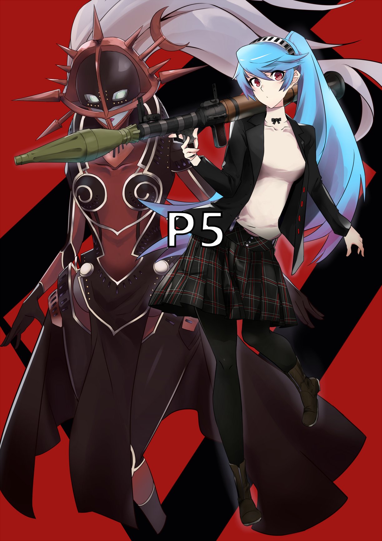 1girl ariadne blue_hair highres labrys persona persona_4:_the_ultimate_in_mayonaka_arena persona_5 rdc7229 red_eyes rocket_launcher rpg school_uniform weapon