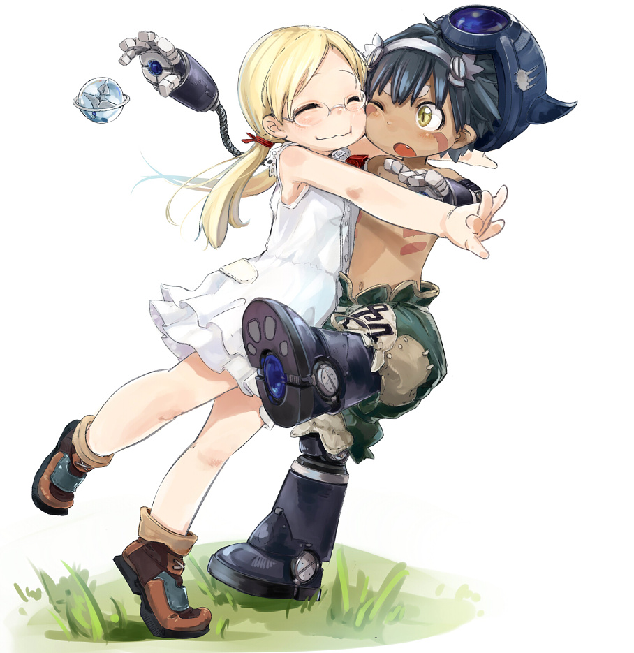 1boy 1girl bangs black_hair blonde_hair boots brown_boots cheek-to-cheek cheek_squash closed_mouth dark_skin dress facial_mark fang full_body glasses glomp grass helmet hug low_twintails made_in_abyss matome mechanical_arms mechanical_legs navel one_eye_closed open_mouth outstretched_arms pants parted_bangs regu_(made_in_abyss) riko_(made_in_abyss) rimless_glasses sleeveless sleeveless_dress smile star_compass thick_eyebrows topless twintails wavy_mouth white_background white_dress yellow_eyes