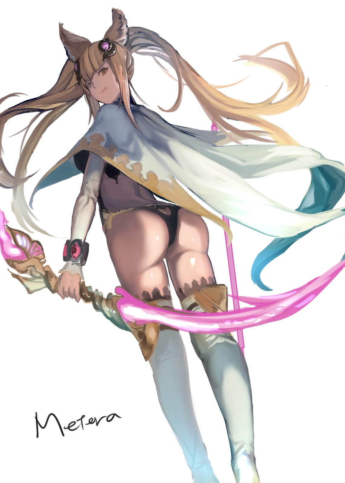 10s 1girl :q animal_ears ass bangs black_panties blunt_bangs boots bow_(weapon) brown_eyes brown_hair cape erun_(granblue_fantasy) from_behind granblue_fantasy hair_ornament highres holding holding_bow_(weapon) holding_weapon long_hair looking_at_viewer looking_back metella_(granblue_fantasy) mole mole_under_mouth panties solo thigh-highs thigh_boots three_k_(spiritus_no_honoo) tongue tongue_out twintails underwear weapon white_boots