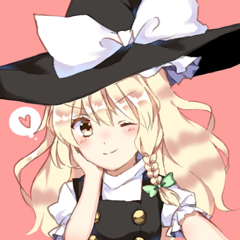 &gt;;) 1girl ;) blonde_hair blush bow braid buttons commentary hand_rest hat hat_bow head_rest head_tilt heart kirisame_marisa one_eye_closed puffy_short_sleeves puffy_sleeves self_shot short_sleeves side_braid single_braid smile solo spoken_heart touhou turtleneck vest wavy_hair witch_hat yellow_eyes yururi_nano