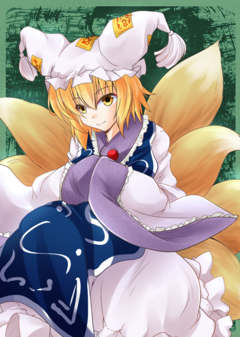 1girl bangs blonde_hair blush closed_mouth cowboy_shot dress fox_tail frilled_sleeves frills hands_in_sleeves hat kyuubi long_sleeves looking_at_viewer multiple_tails pillow_hat short_hair smile solo tabard tail tassel touhou white_dress wide_sleeves yakumo_ran yellow_eyes yozuki_shokora