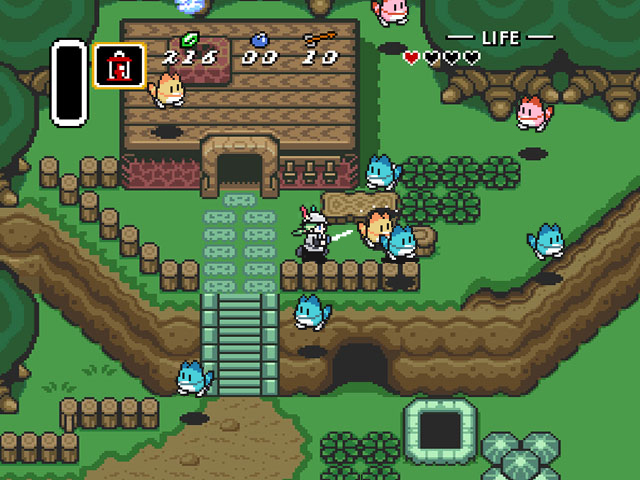 1girl arrow bomb bucket_hat english fake_screenshot feathers green_hair hair_feathers hat health_bar heart house kemono_friends lantern lucky_beast_(kemono_friends) mirai_(kemono_friends) number parody path pixel_art plant road roonhee rupees shadow stone striped_tail swinging sword the_legend_of_zelda the_legend_of_zelda:_a_link_to_the_past tree weapon |_|