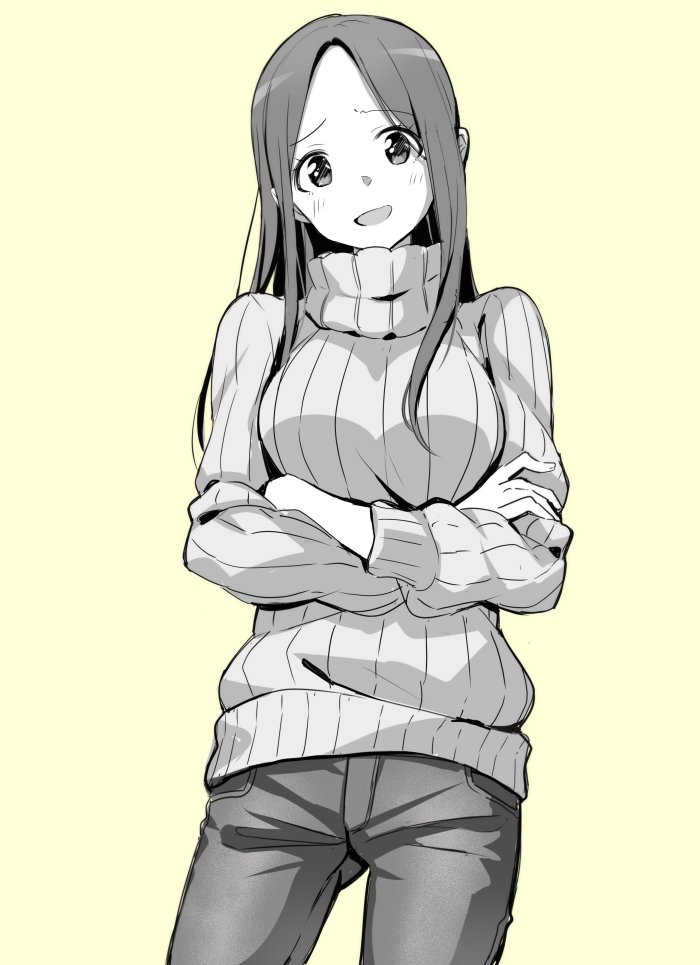 1girl :d blush crossed_arms denim jeans mirai_denki open_mouth original pants ribbed_sweater simple_background smile solo sweater turtleneck turtleneck_sweater yellow_background