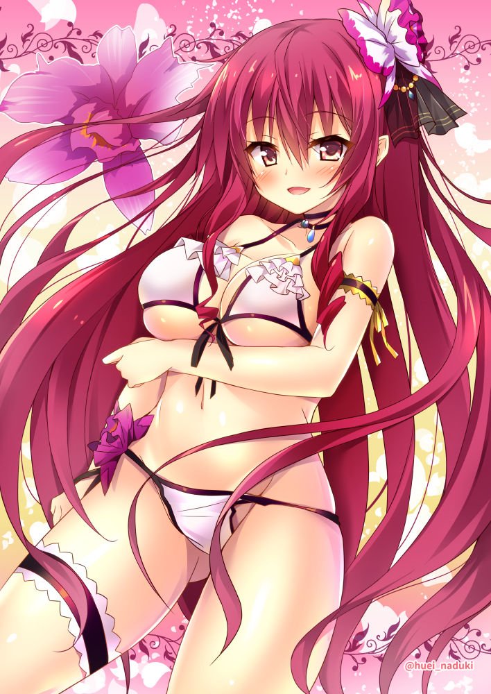 1girl armlet bikini blush breasts brown_eyes cattleya_(flower_knight_girl) choker cowboy_shot flower flower_knight_girl hair_ribbon huei_nazuki large_breasts long_hair looking_at_viewer multicolored multicolored_background object_namesake orchid pink_background redhead ribbon smile solo swimsuit thighlet twitter_username white_bikini yellow_background