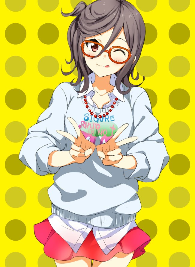1girl ;3 ;q brown_eyes brown_hair clothes_writing cowboy_shot double_v dress_shirt glasses hair_between_eyes jewelry jpeg_artifacts mirai_denki necklace one_eye_closed polka_dot polka_dot_background red-framed_eyewear red_skirt seto_ferb shirt skirt solo sweater tokyo_7th_sisters tongue tongue_out untucked_shirt v yellow_background
