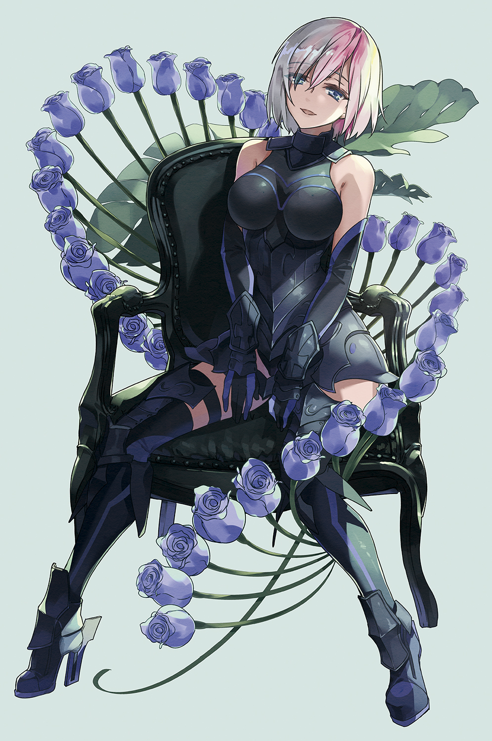 1girl :d armor armored_boots armored_dress bare_shoulders blue_eyes boots breasts chair elbow_gloves fate/grand_order fate_(series) flower gauntlets gloves hair_ornament high_heels highres looking_at_viewer open_mouth purple_hair rose shielder_(fate/grand_order) short_hair sitting smile solo thigh-highs tsurukame