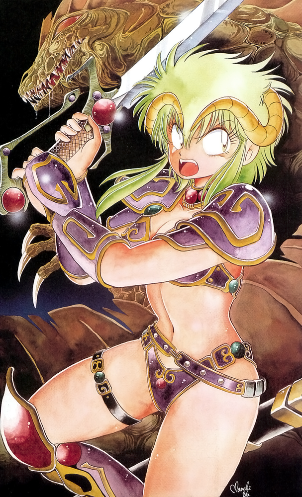 1986 1girl 80s armlet armor bikini_armor boots dated fang green_eyes green_hair holding holding_sword holding_weapon horns kahm long_hair manabe_jouji monster navel official_art oldschool open_mouth outlanders pauldrons solo sword thigh_strap two-handed weapon