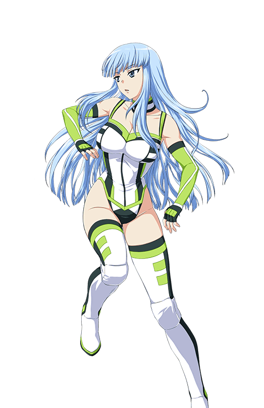 1girl artist_request bangs bare_shoulders blue_eyes blue_hair blunt_bangs boots breasts cleavage collarbone elbow_gloves gloves leotard looking_to_the_side nakatsui_tamaki official_art parted_lips ring_dream solo thigh-highs thigh_boots wrestling_outfit