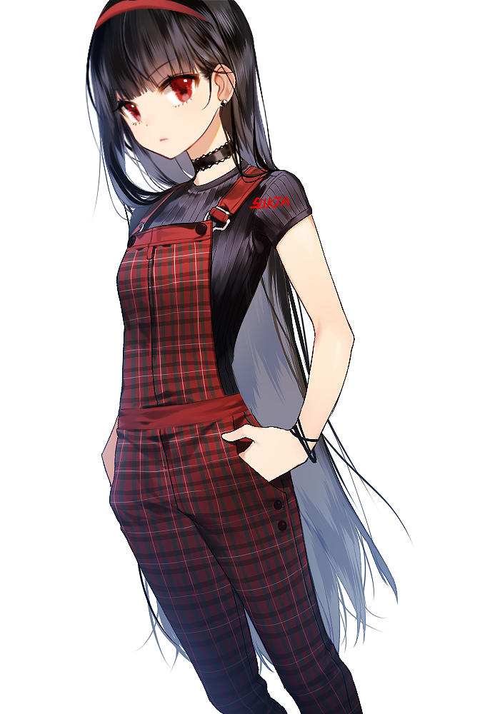 1girl artist_name bangs black_hair black_shirt blush closed_mouth eyebrows_visible_through_hair hairband hands_in_pockets long_hair looking_at_viewer original overalls plaid red_eyes serious shirt short_sleeves signature simple_background solo sukja very_long_hair white_background