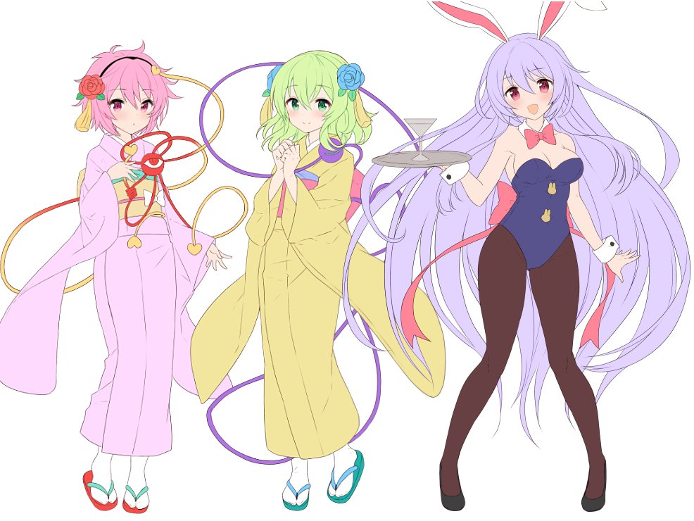 3girls :d alternate_costume animal_ears bangs bare_shoulders blush bow bowtie breasts brown_legwear bunnysuit cleavage closed_eyes cup detached_collar drinking_glass flower full_body green_eyes green_hair grey_eyes hair_between_eyes hair_flower hair_ornament hairband hand_on_own_chest hands_together hayama_eishi heart heart_hair_ornament high_heels holding holding_tray japanese_clothes kimono komeiji_koishi komeiji_satori long_hair long_sleeves looking_at_viewer medium_breasts multiple_girls obi open_mouth own_hands_together pantyhose pink_bow pink_eyes pink_hair pink_kimono rabbit_ears red_bow red_bowtie red_eyes reisen_udongein_inaba sandals sash short_hair siblings simple_background smile standing tabi third_eye touhou tray very_long_hair white_background white_legwear wide_sleeves work_in_progress wrist_cuffs yellow_kimono zouri