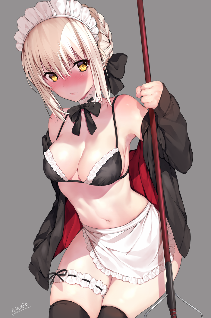 1girl apron artoria_pendragon_(all) bangs black_bra black_legwear blonde_hair blush bra braid breasts choker cleavage closed_mouth cowboy_shot fate/grand_order fate_(series) french_braid frilled_bra frills frown grey_background hair_between_eyes hair_bun hair_ribbon leg_garter long_sleeves maid_headdress matarou_(genkai_toppa) medium_breasts mop navel off_shoulder open_clothes open_shirt ribbon ribbon_trim saber saber_alter shirt simple_background solo thigh-highs thigh_strap underwear waist_apron yellow_eyes