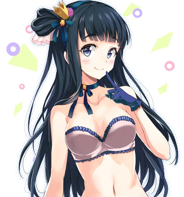 1girl arm bare_arms bare_shoulders black_hair blue_choker blue_eyes blue_gloves blue_ribbon bra breasts cleavage collarbone crown eyebrows_visible_through_hair female finger_to_mouth frilled_bra frills gloves grey_bra hair_ornament hair_ribbon hair_rings hand_up highres jpeg_artifacts kuonji_shizuka long_hair looking_at_viewer medium_breasts midriff mini_crown mirai_denki navel neck one_side_up ribbon ribbon_choker solo strapless strapless_bra tokyo_7th_sisters