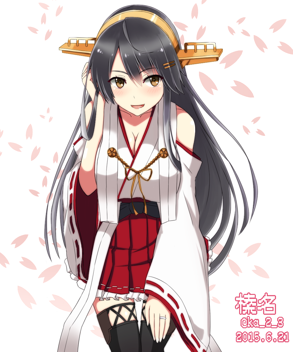 1girl 2015 :d ahnd_in_hair artist_name belt black_hair black_legwear blush breasts brown_eyes cleavage collarbone dated detached_sleeves eyebrows_visible_through_hair hair_between_eyes hair_ornament hairclip haruna_(kantai_collection) highres japanese_clothes jewelry ka_tsumi kantai_collection kimono large_breasts leaning_forward long_hair miniskirt open_mouth pleated_skirt red_skirt ring sakura simple_background skirt smile solo thigh-highs very_long_hair wedding_ring white_background white_kimono yellow_hairband