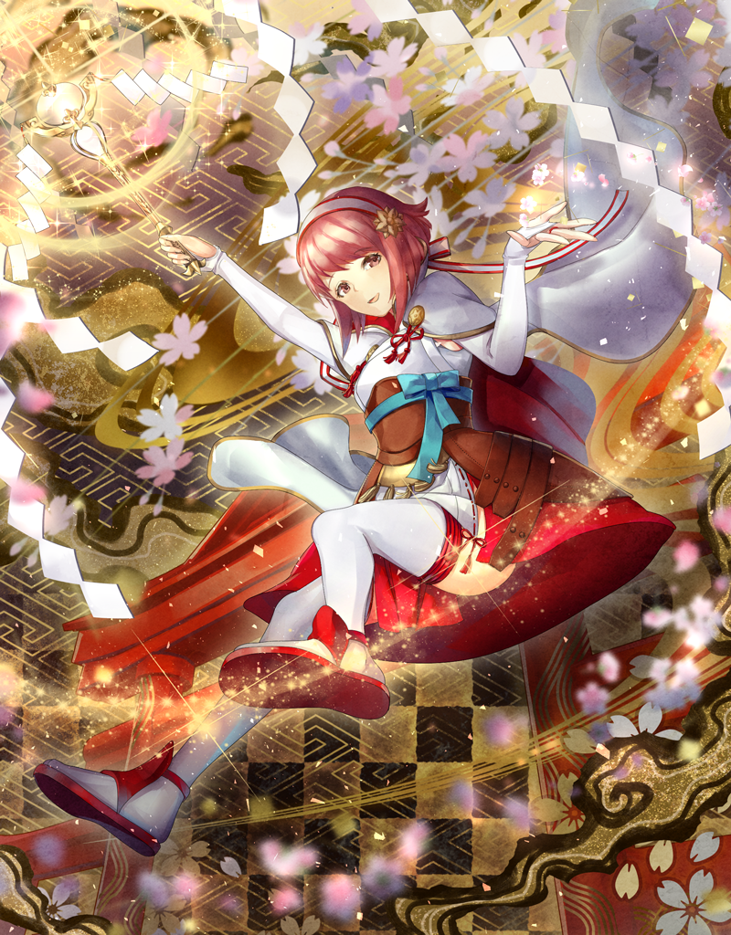 1girl bow capelet cherry_blossoms ekm fire_emblem fire_emblem_if hairband open_mouth petals pink_eyes pink_hair sakura_(fire_emblem_if) sandals solo sparkle staff thigh-highs