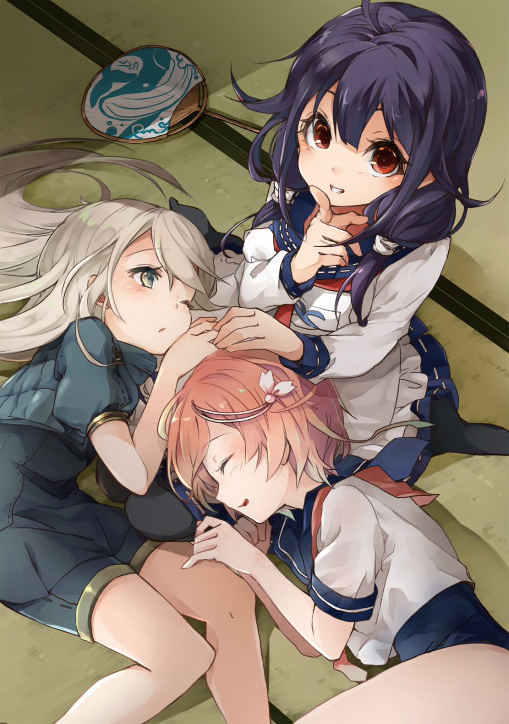 3girls ahoge animal_print blonde_hair blue_eyes cropped_jacket fan finger_to_mouth fish_print from_above green_eyes hair_ornament highres i-58_(kantai_collection) kantai_collection long_hair long_sleeves looking_at_viewer looking_up multiple_girls nerokuro no_hat no_headwear one_eye_closed paper_fan pink_hair purple_hair red_eyes short_hair shushing sitting smile taigei_(kantai_collection) tatami u-511_(kantai_collection) uchiwa wariza whale_print