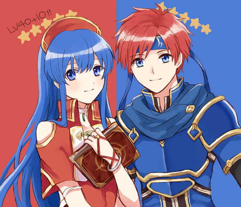 1boy 1girl armor blue_eyes blue_hair blush cape couple dress fire_emblem fire_emblem:_fuuin_no_tsurugi fire_emblem:_rekka_no_ken hat hetero lilina long_hair looking_at_viewer open_mouth redhead roy_(fire_emblem) short_hair smile wspread