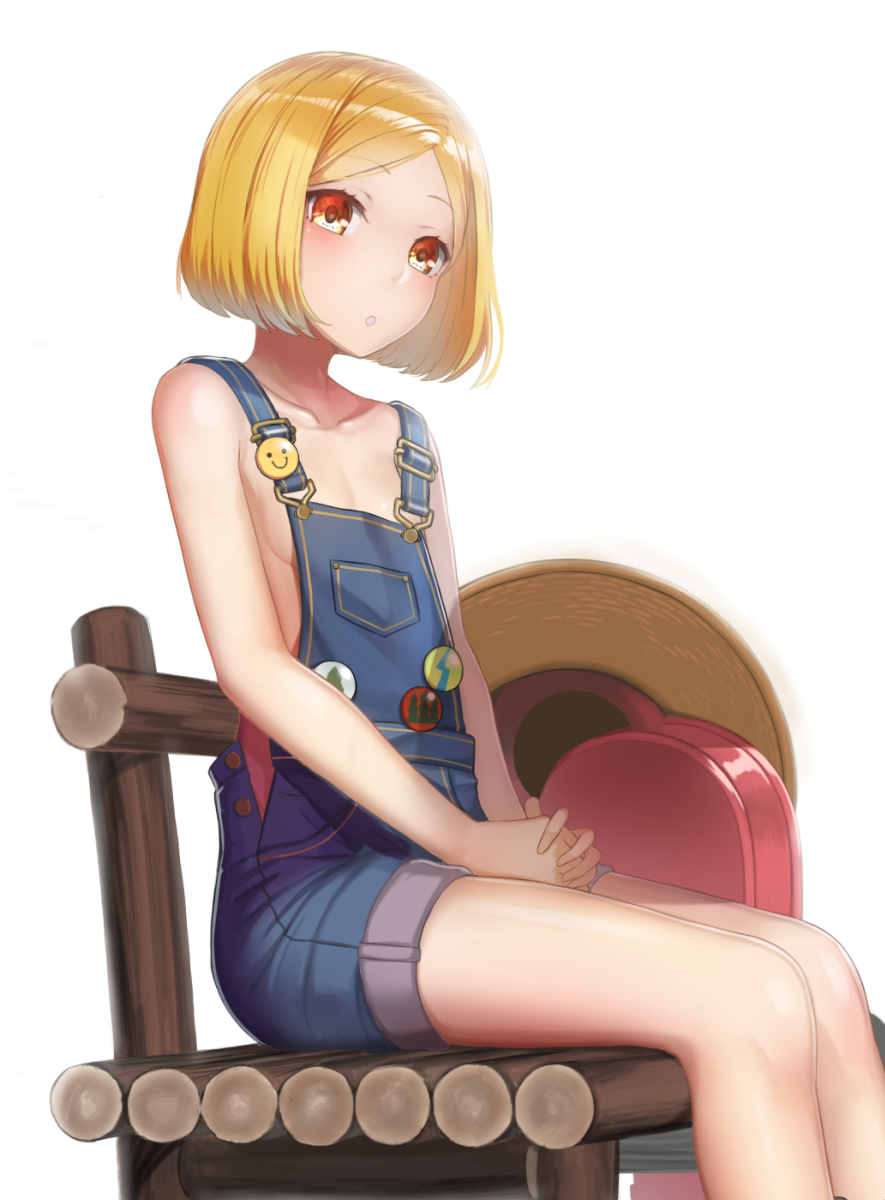 1girl :o blonde_hair breasts chainsaw chair collarbone fate/grand_order fate_(series) hands_together hat highres mizya naked_overalls orange_eyes overalls paul_bunyan_(fate/grand_order) short_hair sitting small_breasts solo