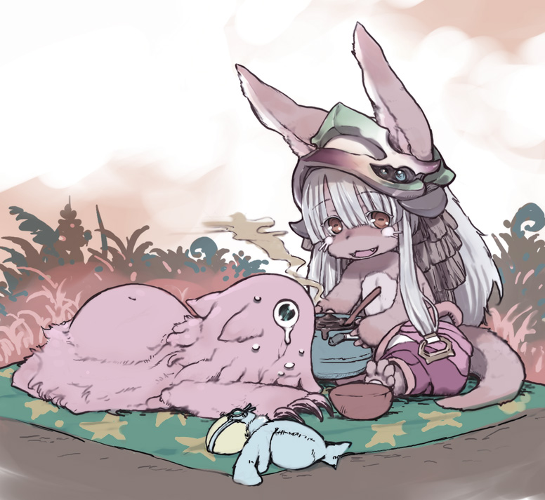 1girl :3 animal_ears blue_eyes bowl brown_eyes commentary creature crying crying_with_eyes_open eyebrows_visible_through_hair fangs food full_body furry hair_between_eyes helmet horizontal_pupils horns long_hair lying made_in_abyss mat mitty_(made_in_abyss) nanachi_(made_in_abyss) on_stomach open_mouth pants pot sitting steam tail takeda_sun tears very_long_hair white_hair