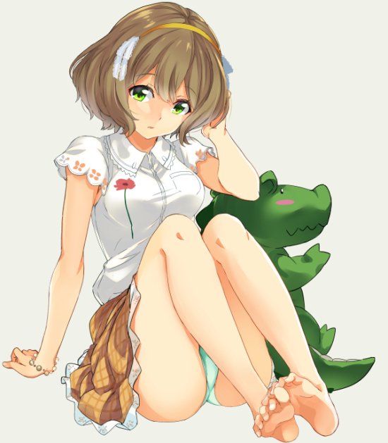 arm_support barefoot beige_background bracelet brown_hair feet feet_together floral_print green_eyes hair_ribbon jewelry jpeg_artifacts mirai_denki panties pantyshot pantyshot_(sitting) plaid plaid_skirt ribbon shirt short_hair short_sleeves simple_background sitting skirt soles stuffed_animal stuffed_crocodile stuffed_toy toes tokyo_7th_sisters underwear wanibuchi_emoko white_shirt