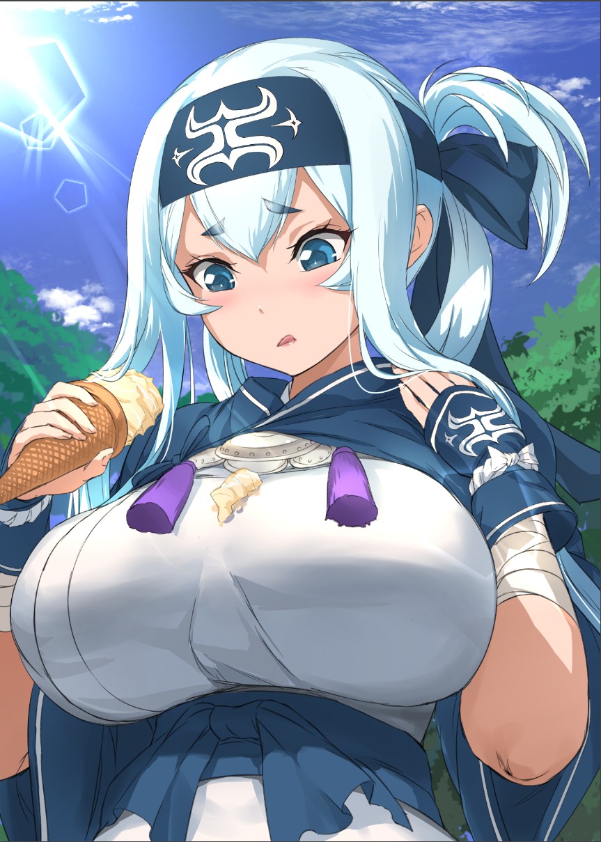 1girl ainu_clothes bandanna blue_eyes breasts clouds cropped_jacket crystal_shoujo folded_ponytail food headband highres ice_cream kamoi_(kantai_collection) kantai_collection large_breasts lens_flare long_hair looking_down sidelocks sky solo spill thick_eyebrows upper_body white_hair wrist_guards