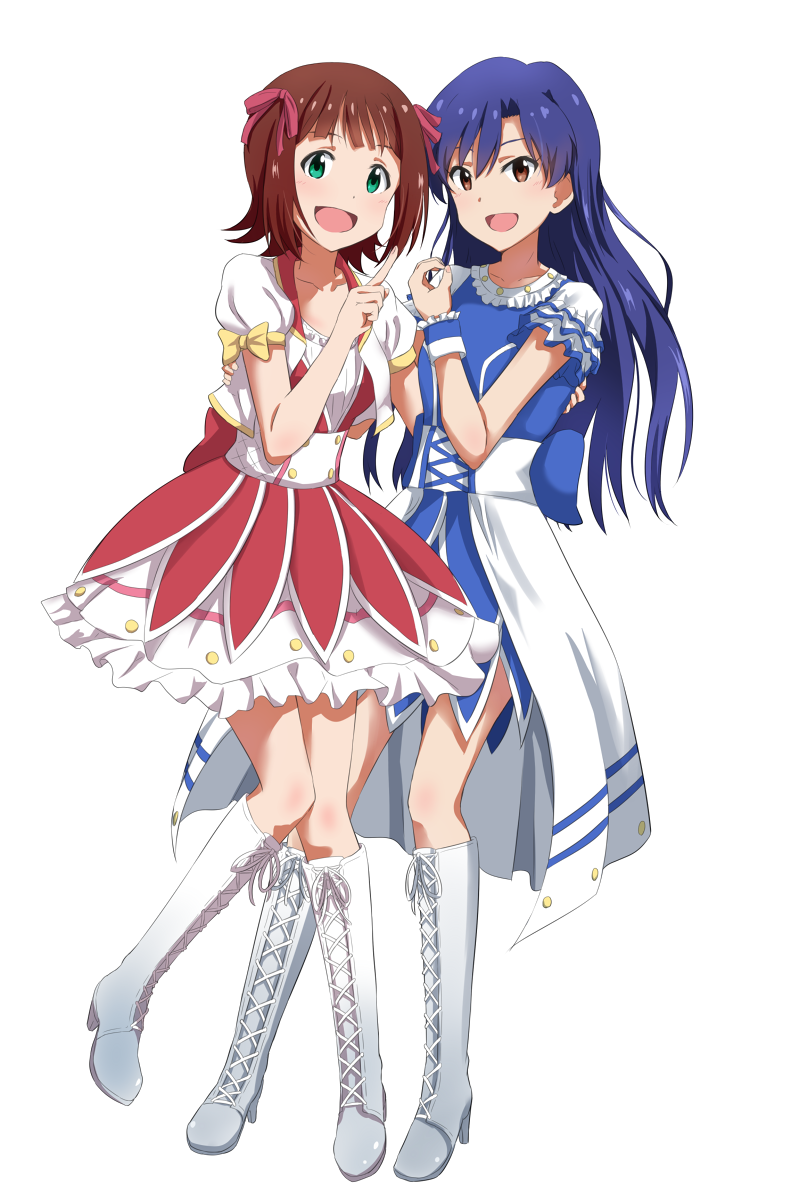 2girls :d amami_haruka blue_dress blue_hair boots bow brown_eyes brown_hair collarbone dress green_eyes hair_ornament hair_ribbon highres idolmaster index_finger_raised kisaragi_chihaya knee_boots lieass long_hair multiple_girls open_mouth red_ribbon ribbon short_sleeves simple_background smile white_boots wrist_cuffs yellow_bow