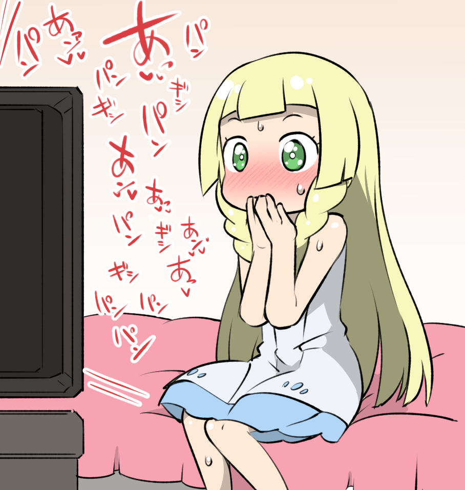 1girl bed blonde_hair blush braid commentary_request dress fukurou_(owl222) green_eyes lillie_(pokemon) long_hair on_bed pokemon pokemon_(game) pokemon_sm sitting sitting_on_bed sleeveless sleeveless_dress solo sweat television translated twin_braids watching_television white_dress