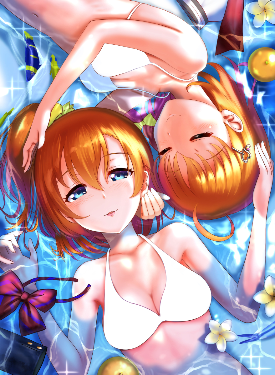 2girls blue_eyes blush bowtie_removed breasts cleavage closed_eyes facing_another flower food fruit hair_ornament highres hkn_(ringya) kousaka_honoka large_breasts looking_at_viewer love_live! love_live!_school_idol_project love_live!_sunshine!! multiple_girls navel orange orange_hair parted_lips short_hair short_ponytail side_ponytail smile takami_chika water