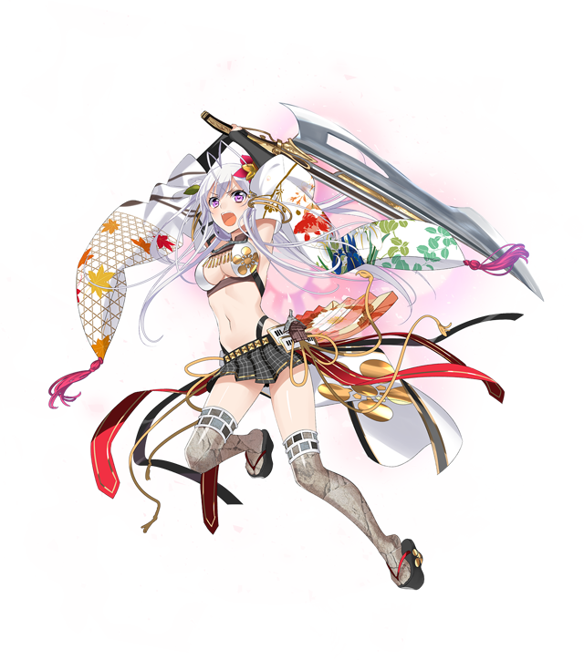 &gt;:o 1girl :o antenna_hair breasts checkered checkered_skirt cleavage flower full_body hair_flower hair_ornament holding holding_spear holding_weapon long_hair maeda_kanazawa_(oshiro_project) medium_breasts midriff murakami_yuichi navel official_art open_mouth oshiro_project oshiro_project_re pleated_skirt polearm purple_hair sideboob skirt spear thigh-highs transparent_background two_side_up very_long_hair weapon white_hair