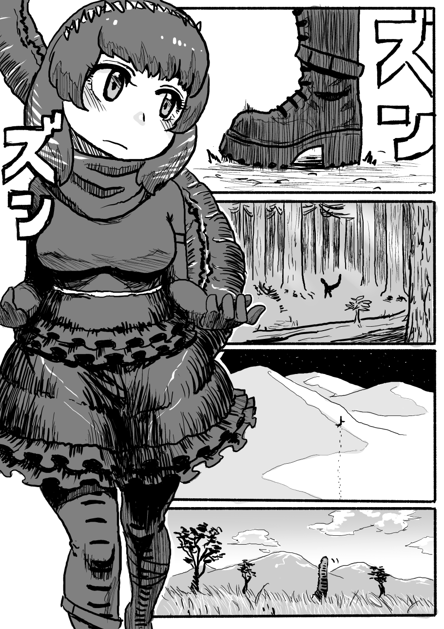 1girl blush boots closed_mouth comic crossover day elbow_gloves expressionless frilled_skirt frills gloves godzilla godzilla_(series) greyscale hairband hands_up head_tilt highres kemono_friends kishidashiki looking_to_the_side monochrome night outdoors pantyhose personification shin_godzilla shirt short_hair short_sleeves silent_comic skirt solo tail walking