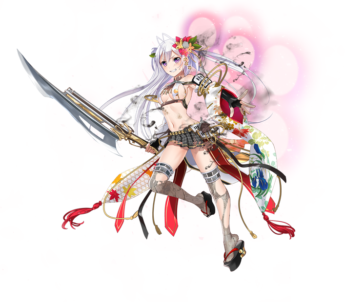 1girl antenna_hair breasts checkered checkered_skirt cleavage flower full_body hair_flower hair_ornament holding holding_spear holding_weapon long_hair maeda_kanazawa_(oshiro_project) medium_breasts midriff murakami_yuichi navel official_art oshiro_project oshiro_project_re pleated_skirt polearm purple_hair sideboob skirt spear thigh-highs torn_clothes torn_skirt transparent_background two_side_up very_long_hair weapon white_hair