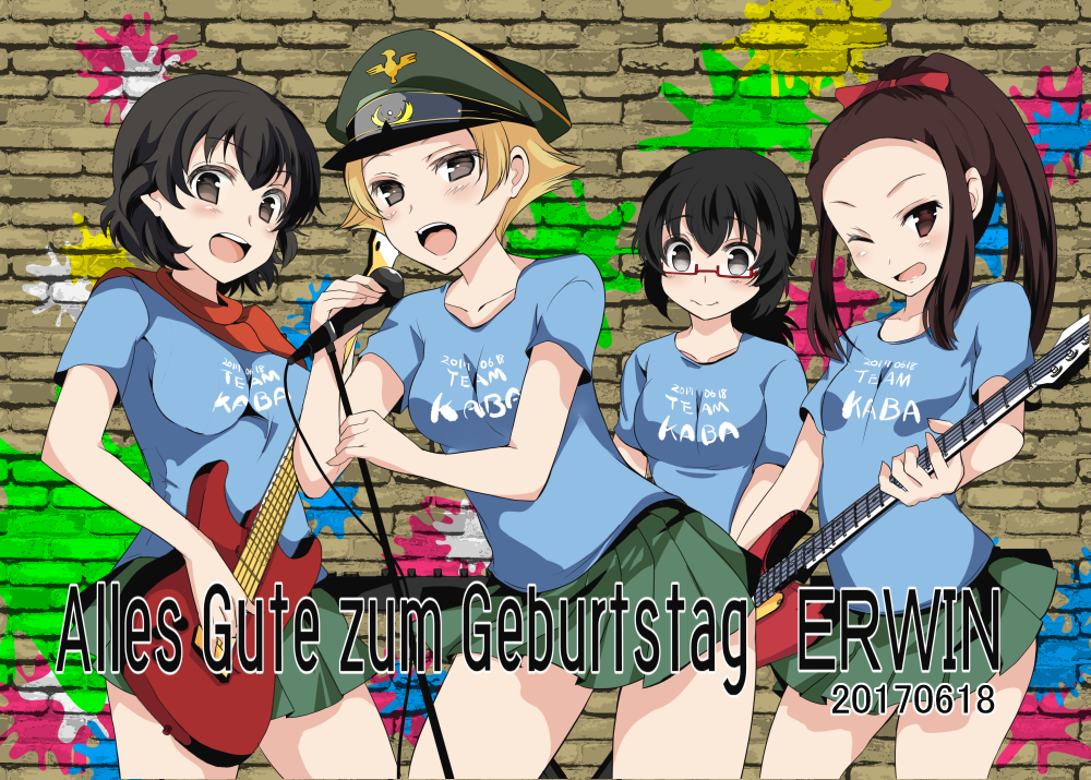 10s 4girls abenattou alternate_hairstyle bangs black_eyes black_hair blonde_hair blue_shirt bow brick_wall brown_eyes brown_hair caesar_(girls_und_panzer) closed_mouth cowboy_shot dated electric_guitar erwin_(girls_und_panzer) german girls_und_panzer glasses goggles goggles_on_headwear graffiti green_hat green_skirt guitar hair_bow hat holding holding_instrument instrument long_hair looking_at_viewer messy_hair microphone_stand military_hat miniskirt multiple_girls one_eye_closed open_mouth oryou_(girls_und_panzer) peaked_cap pleated_skirt pointy_hair print_shirt red-framed_eyewear red_bow red_scarf romaji saemonza scarf semi-rimless_glasses shirt short_hair short_ponytail short_sleeves skirt smile standing t-shirt translated under-rim_glasses